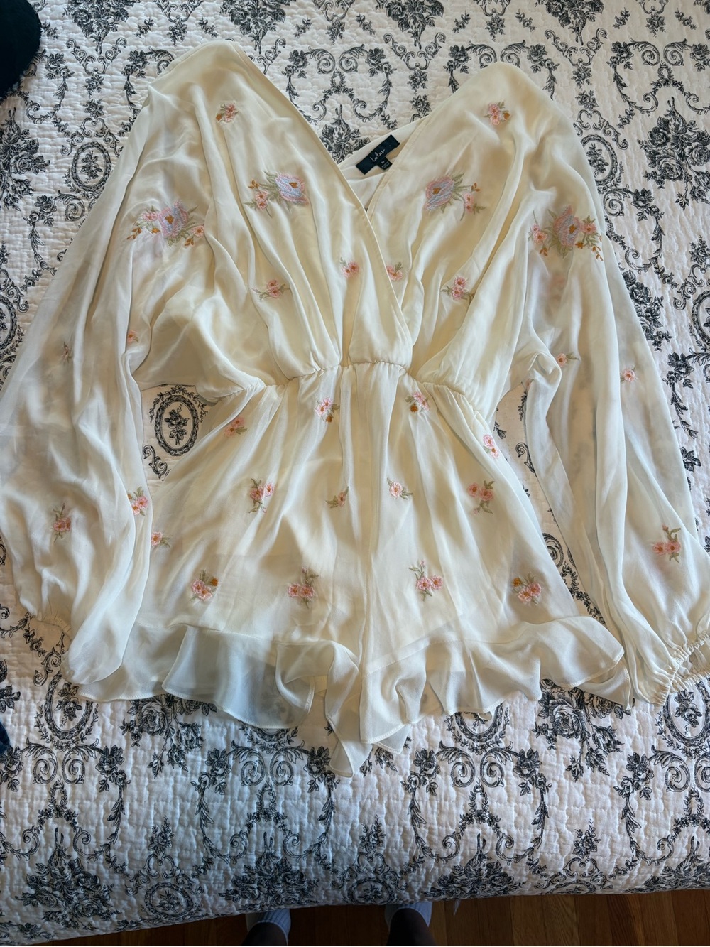 Lulu's Ivory Floral Embroidered V-Neck Romper